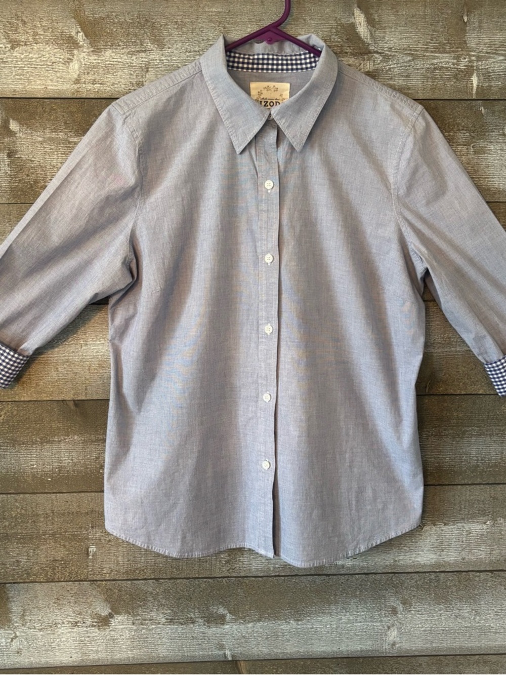 Izod Light Blue Button-Up Shirt with Navy Gingham Trim 97% Cotton - Picture 2 of 10